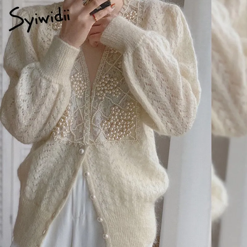 Joskaa Knitted Sweaters Women Cardigan Tops Fall 2024 Korean Pearls Spliced Hollow Out Loose Long Sleeve Single Breasted Coats