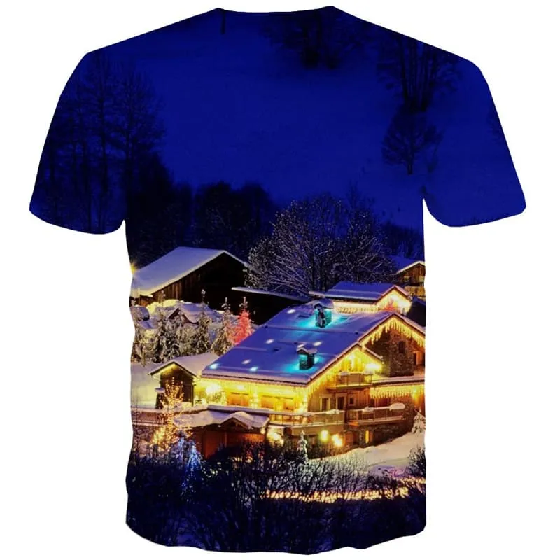 Landscape T-shirt Men House T shirts Funny Snow Tshirt Printed Christmas T-shirts 3d