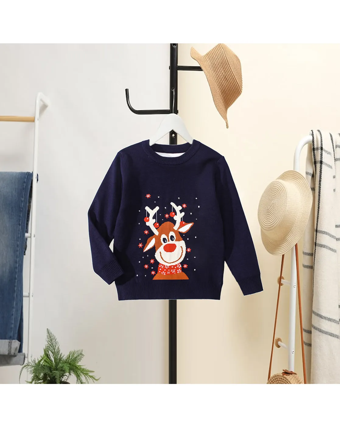 Little Surprise Box NavyBlue Big Reindeer Face Cardigan Sweater-7-8 Y