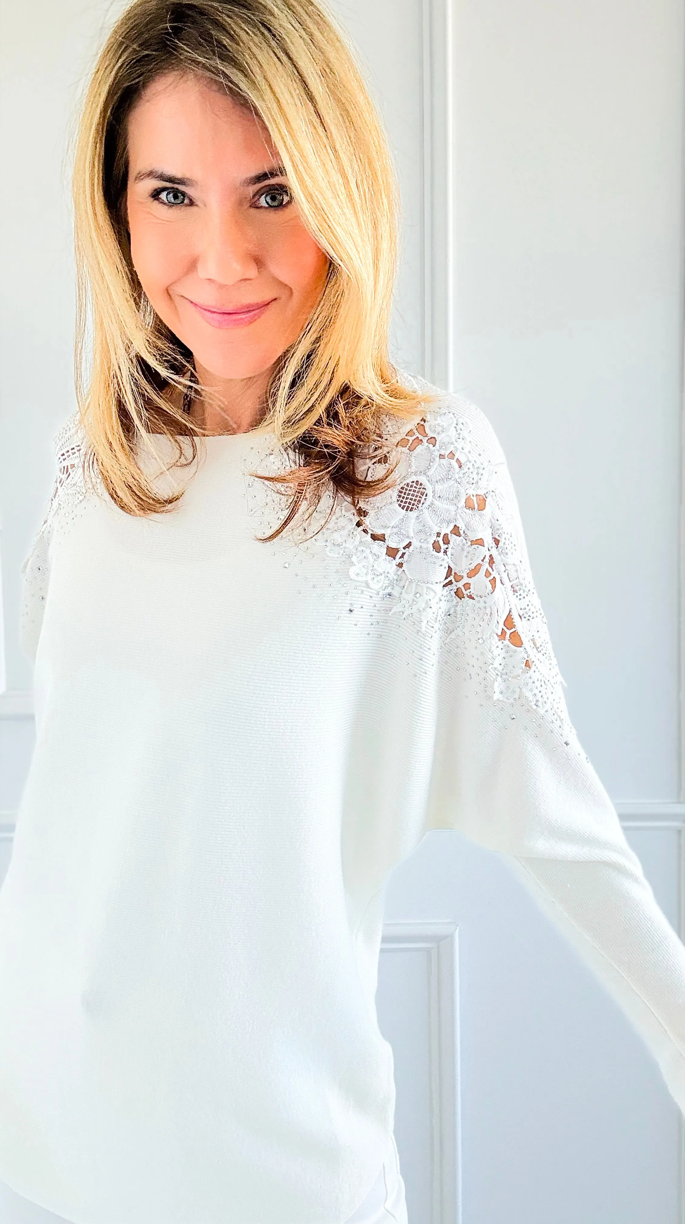 Lux Bloom Lace Shoulder Top - White