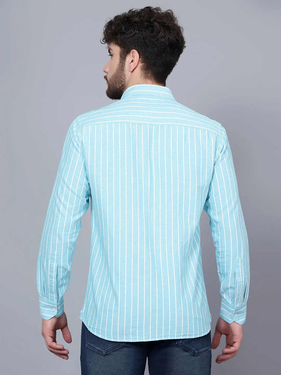 Men's Aqua Green Casual Thin Stripe Full Sleeve Shirt