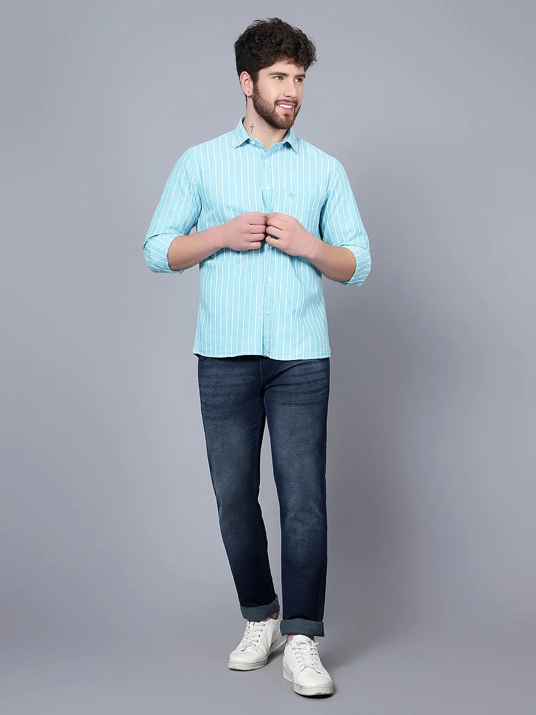 Men's Aqua Green Casual Thin Stripe Full Sleeve Shirt