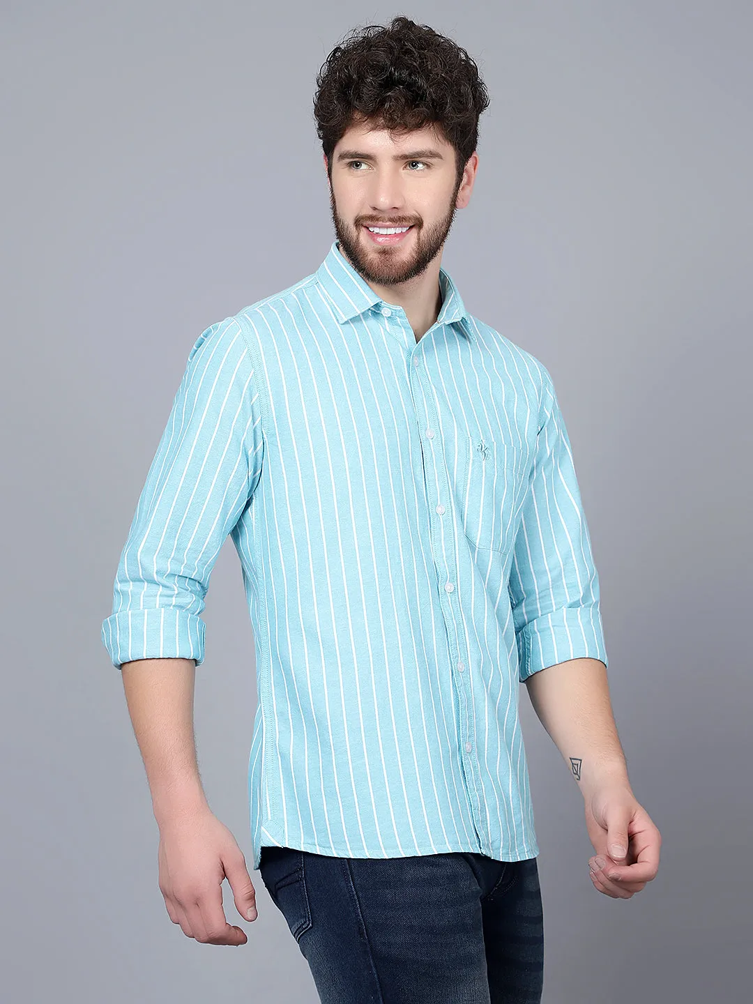 Men's Aqua Green Casual Thin Stripe Full Sleeve Shirt