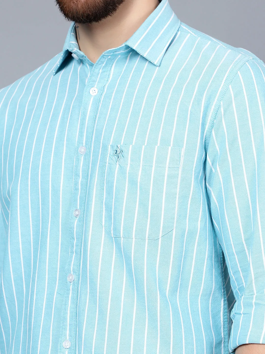 Men's Aqua Green Casual Thin Stripe Full Sleeve Shirt