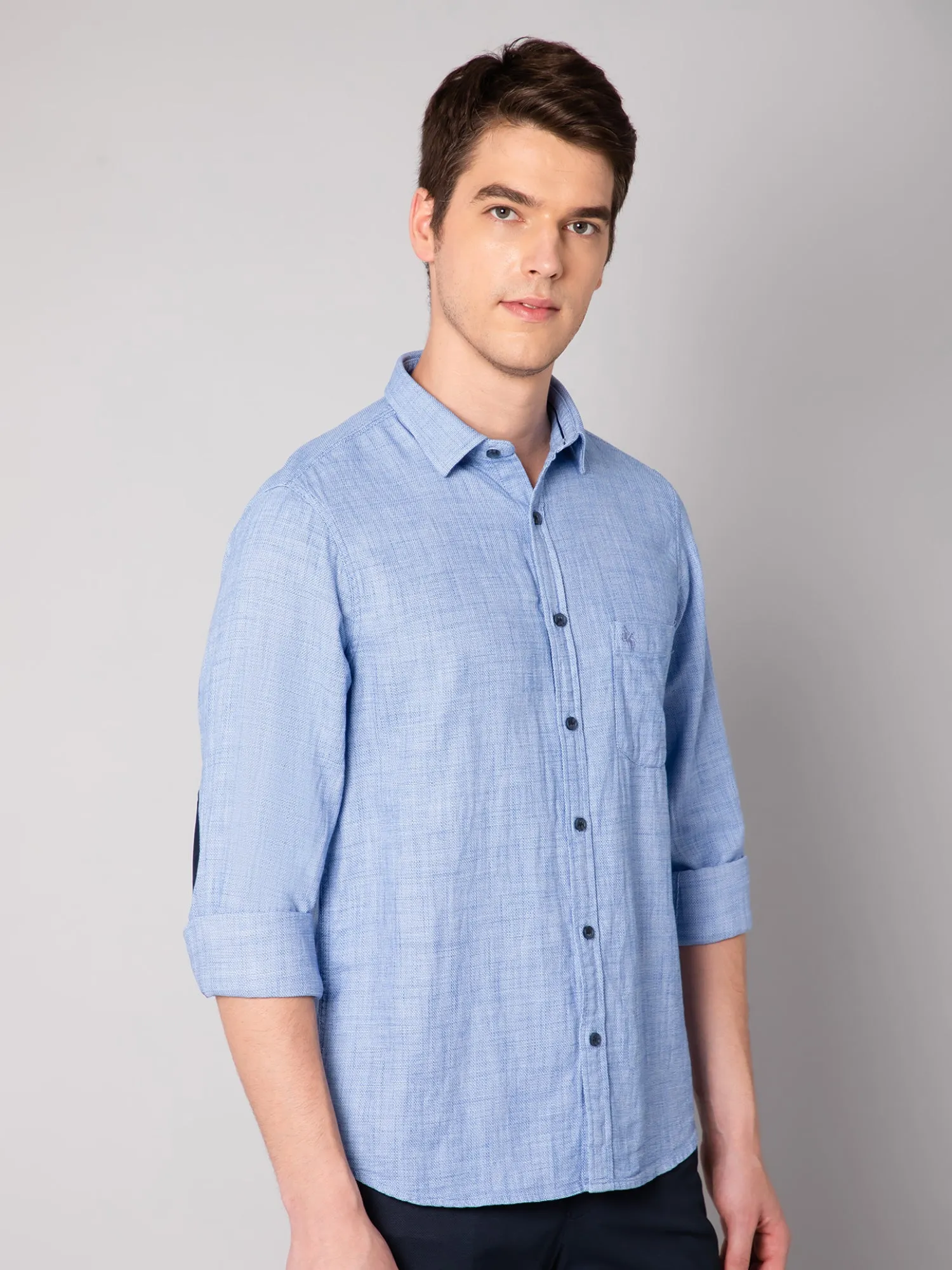 Men's Blue Casual Self Textured Full Sleeve Shirt