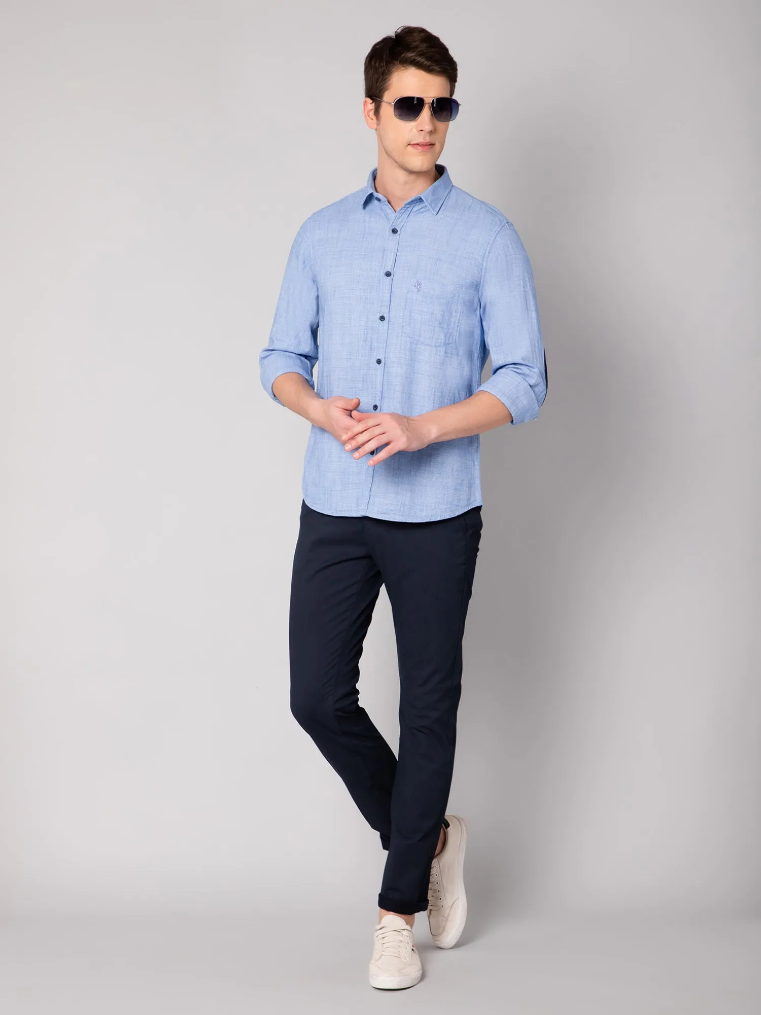 Men's Blue Casual Self Textured Full Sleeve Shirt