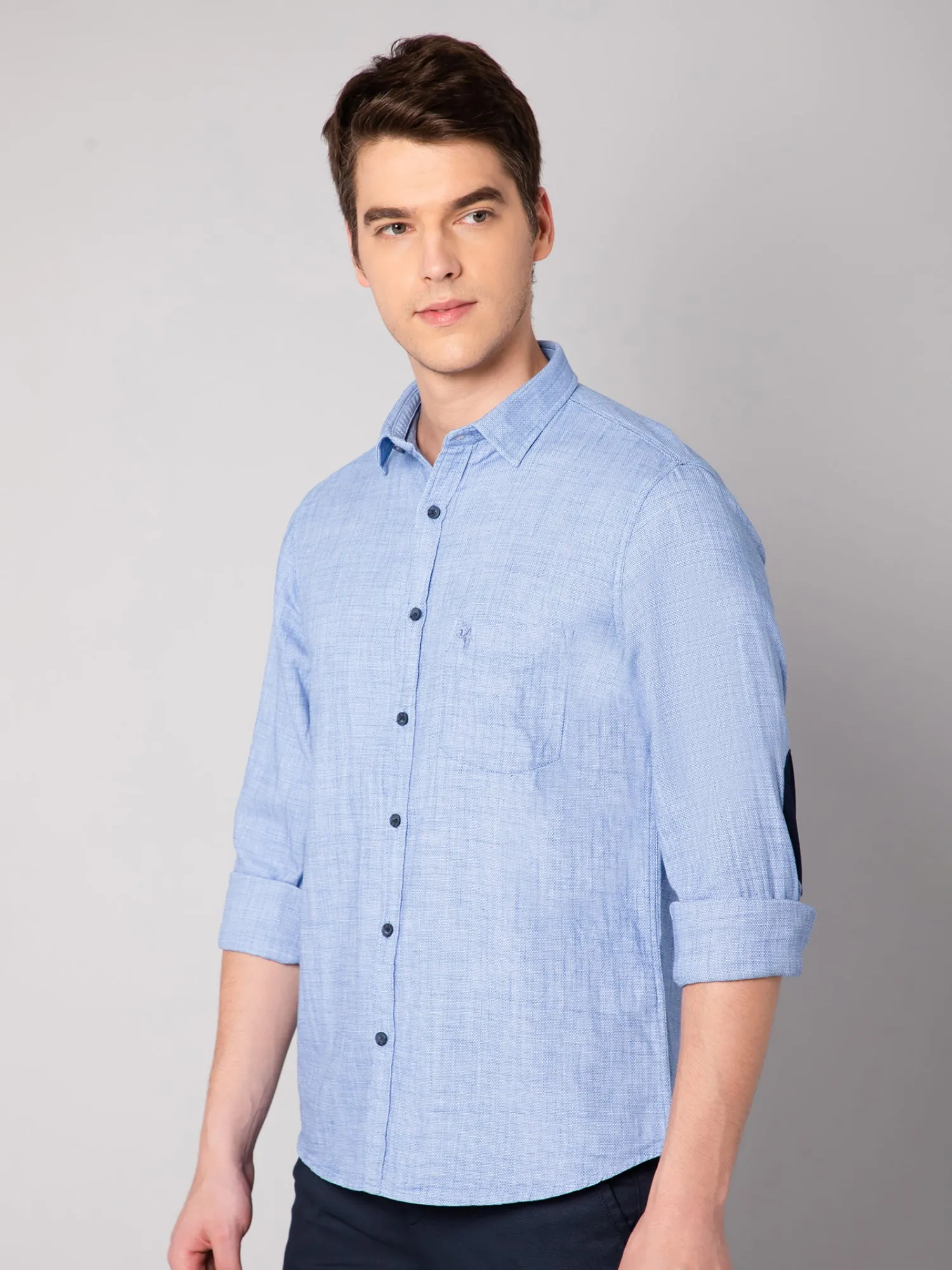 Men's Blue Casual Self Textured Full Sleeve Shirt