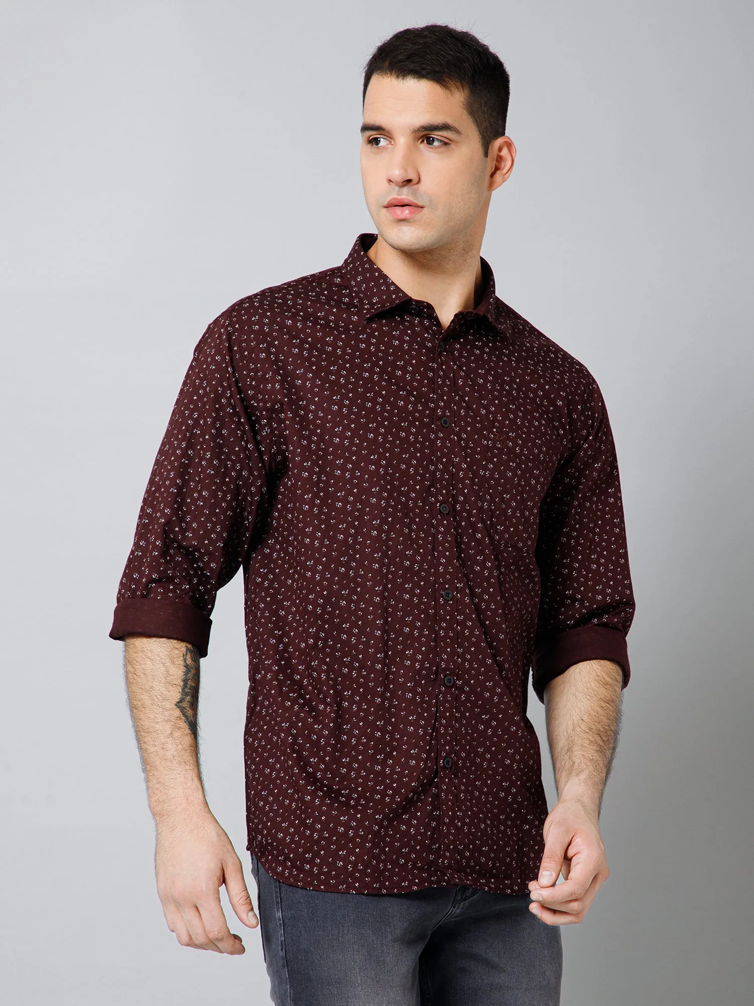 Men's Coffee Brown Casual Ditsy Print Full Sleeve Shirt