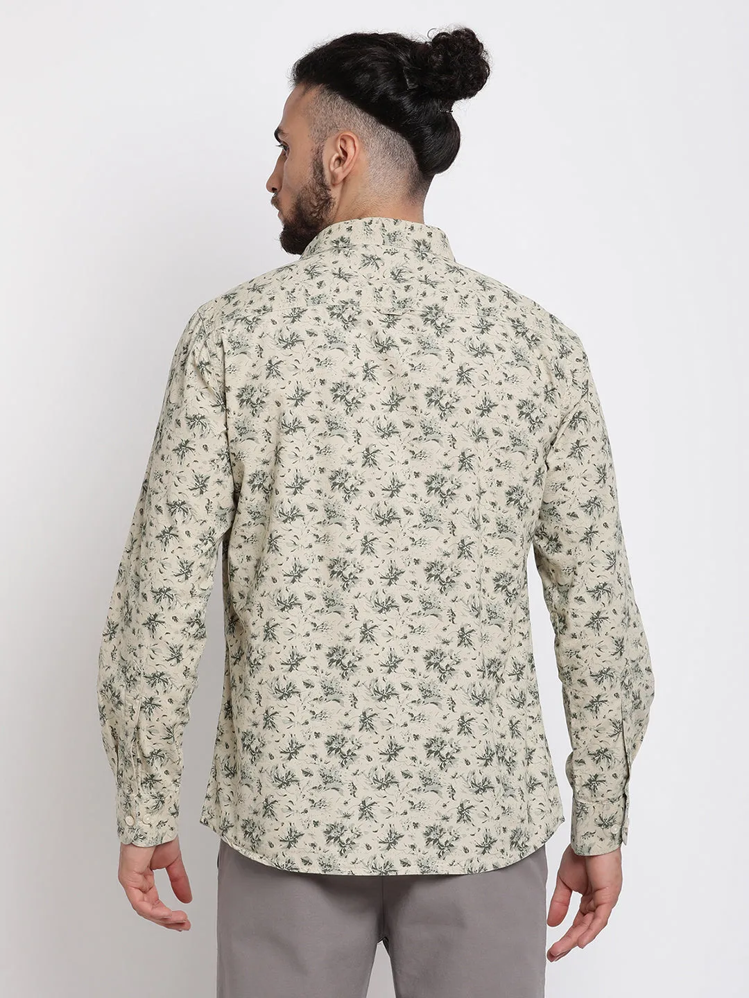 Men's Khaki Casual Floral Print Full Sleeve Shirt