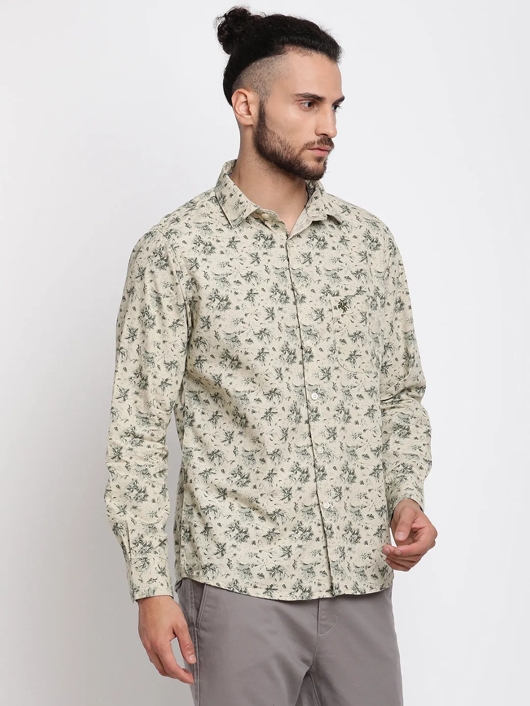 Men's Khaki Casual Floral Print Full Sleeve Shirt