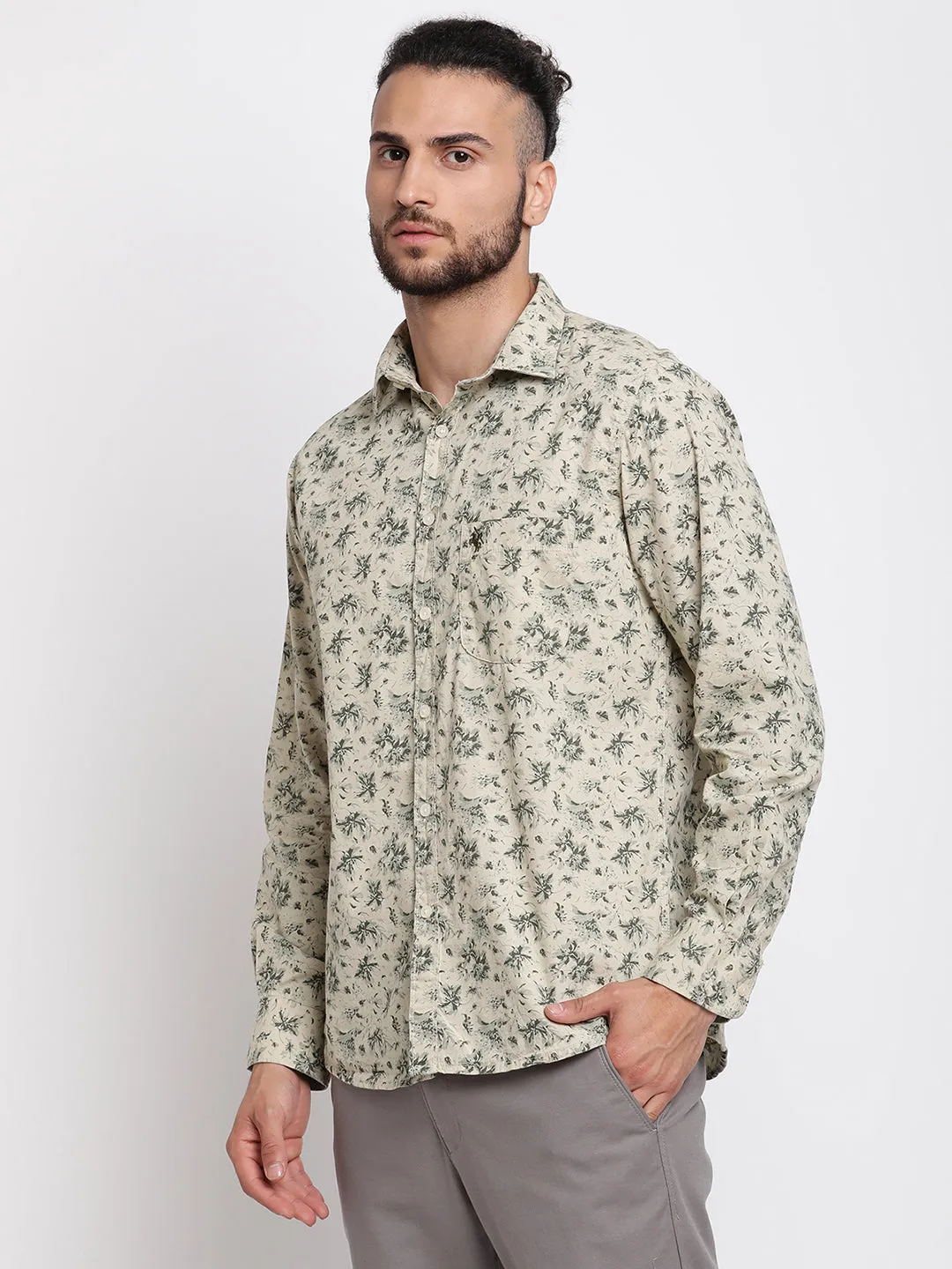 Men's Khaki Casual Floral Print Full Sleeve Shirt