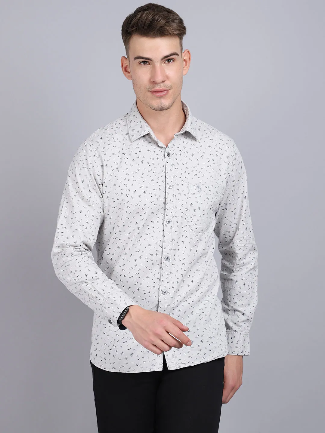 Men's Light Grey Casual Floral Ditsy Print Full Sleeve Shirt