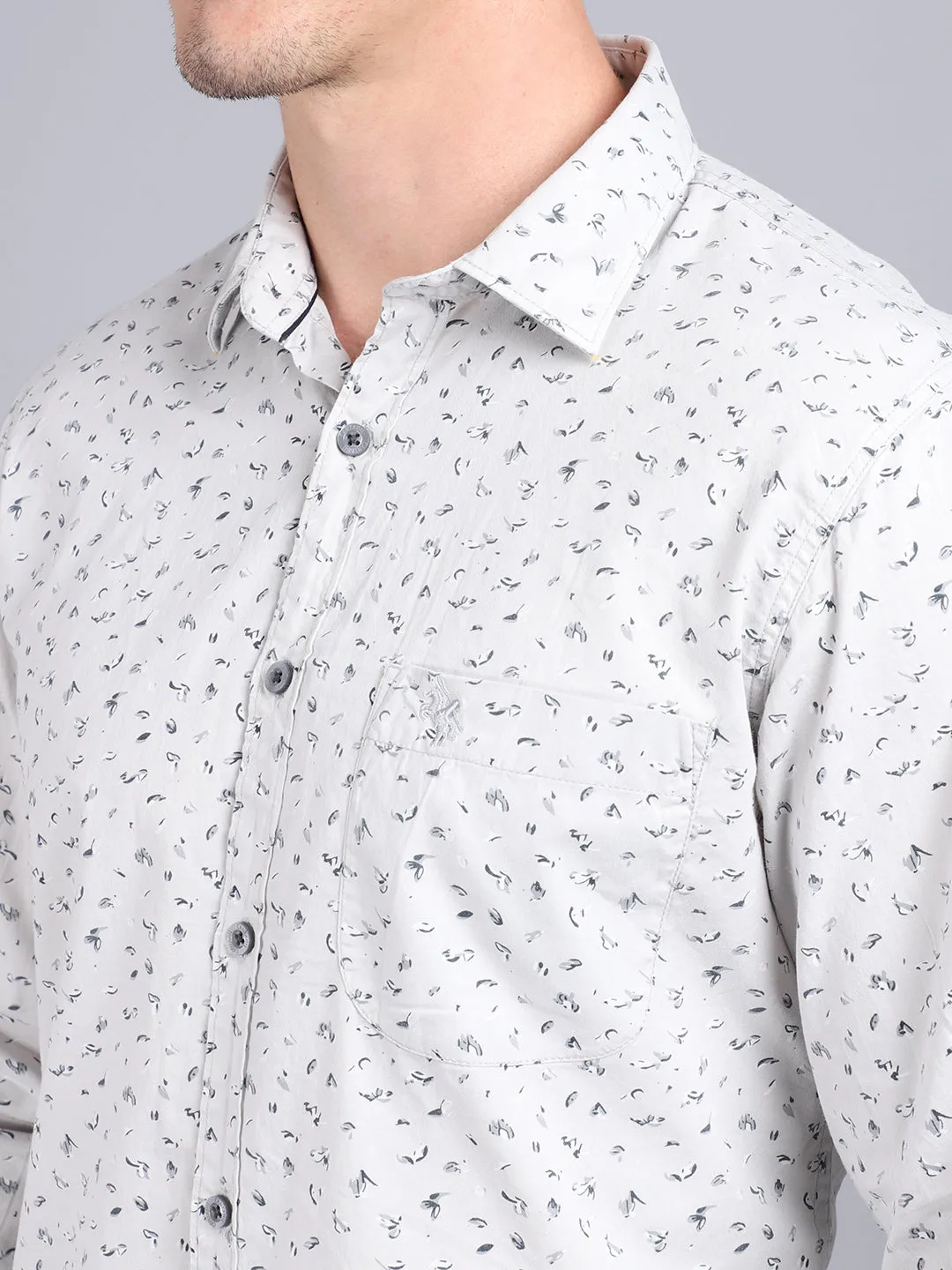 Men's Light Grey Casual Floral Ditsy Print Full Sleeve Shirt