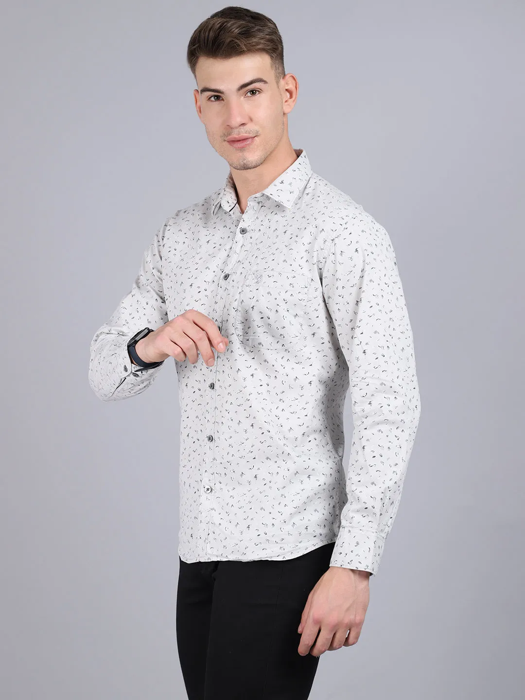 Men's Light Grey Casual Floral Ditsy Print Full Sleeve Shirt