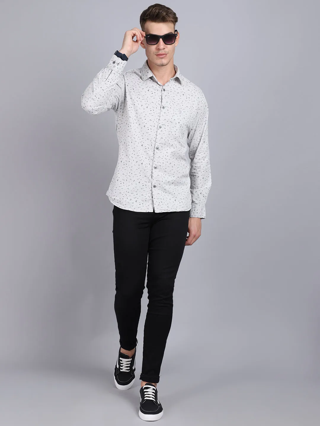 Men's Light Grey Casual Floral Ditsy Print Full Sleeve Shirt