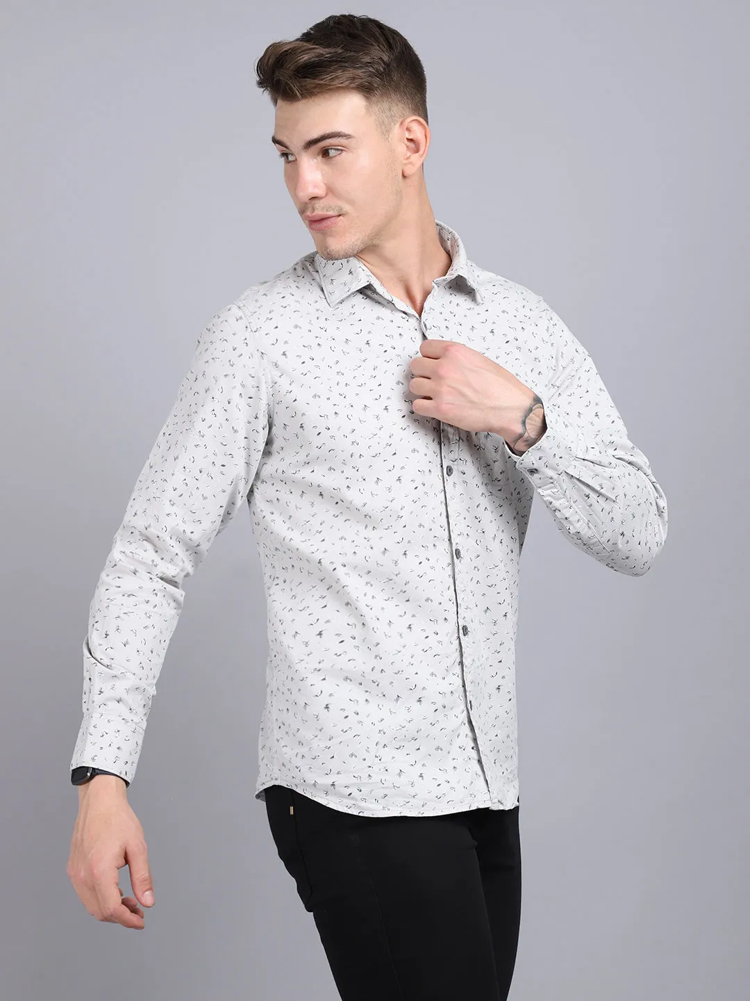 Men's Light Grey Casual Floral Ditsy Print Full Sleeve Shirt