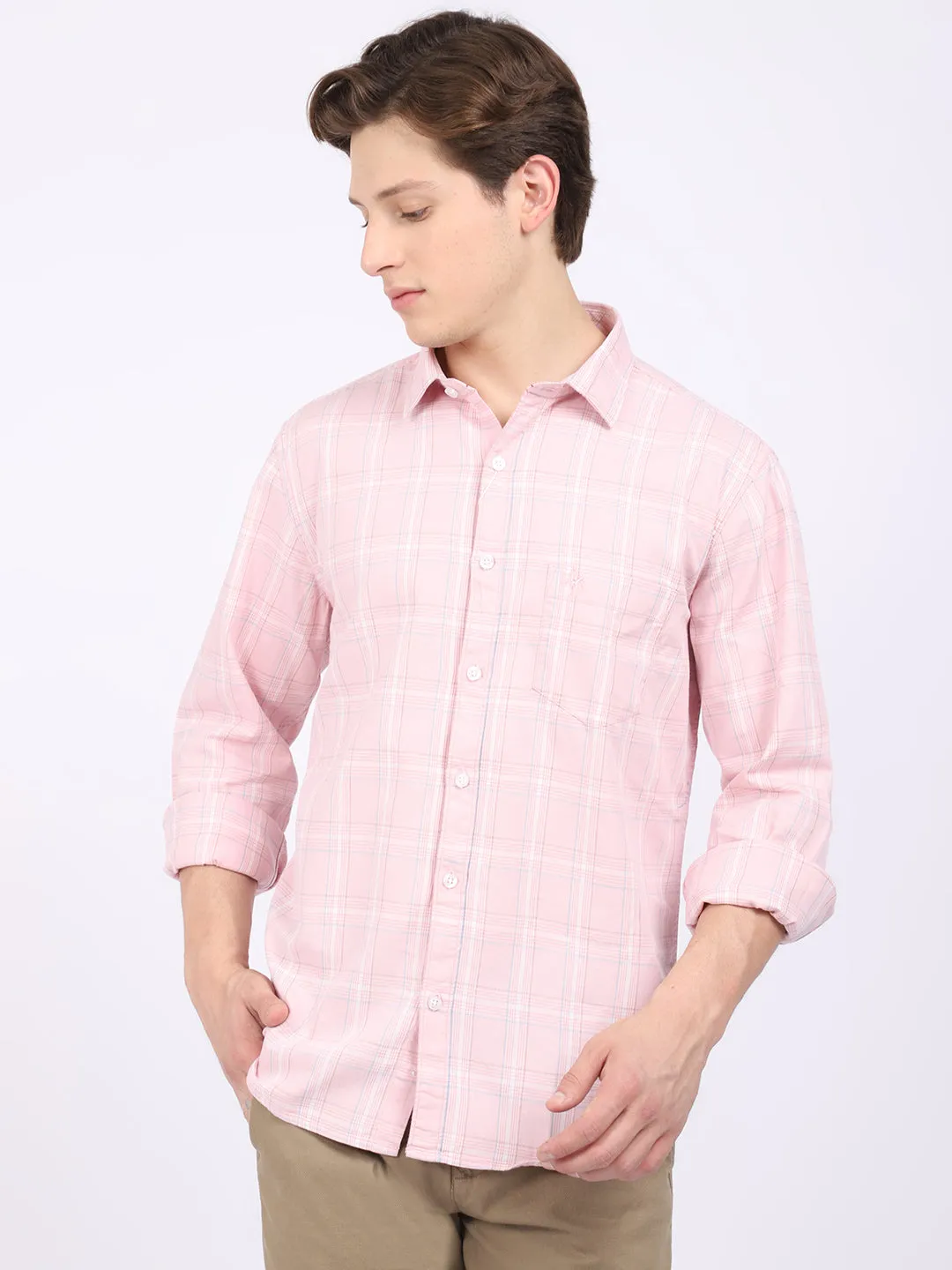 Men's Light Pink Casual Medium Checks Full Sleeve Shirt