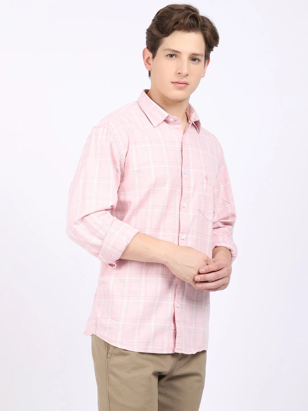 Men's Light Pink Casual Medium Checks Full Sleeve Shirt