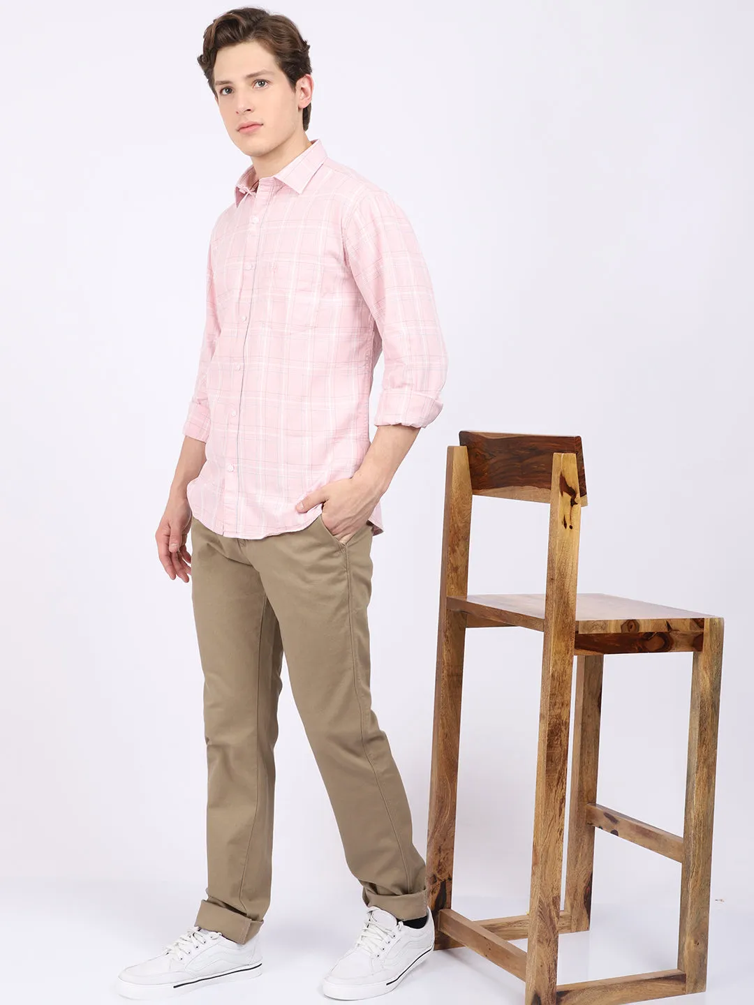 Men's Light Pink Casual Medium Checks Full Sleeve Shirt