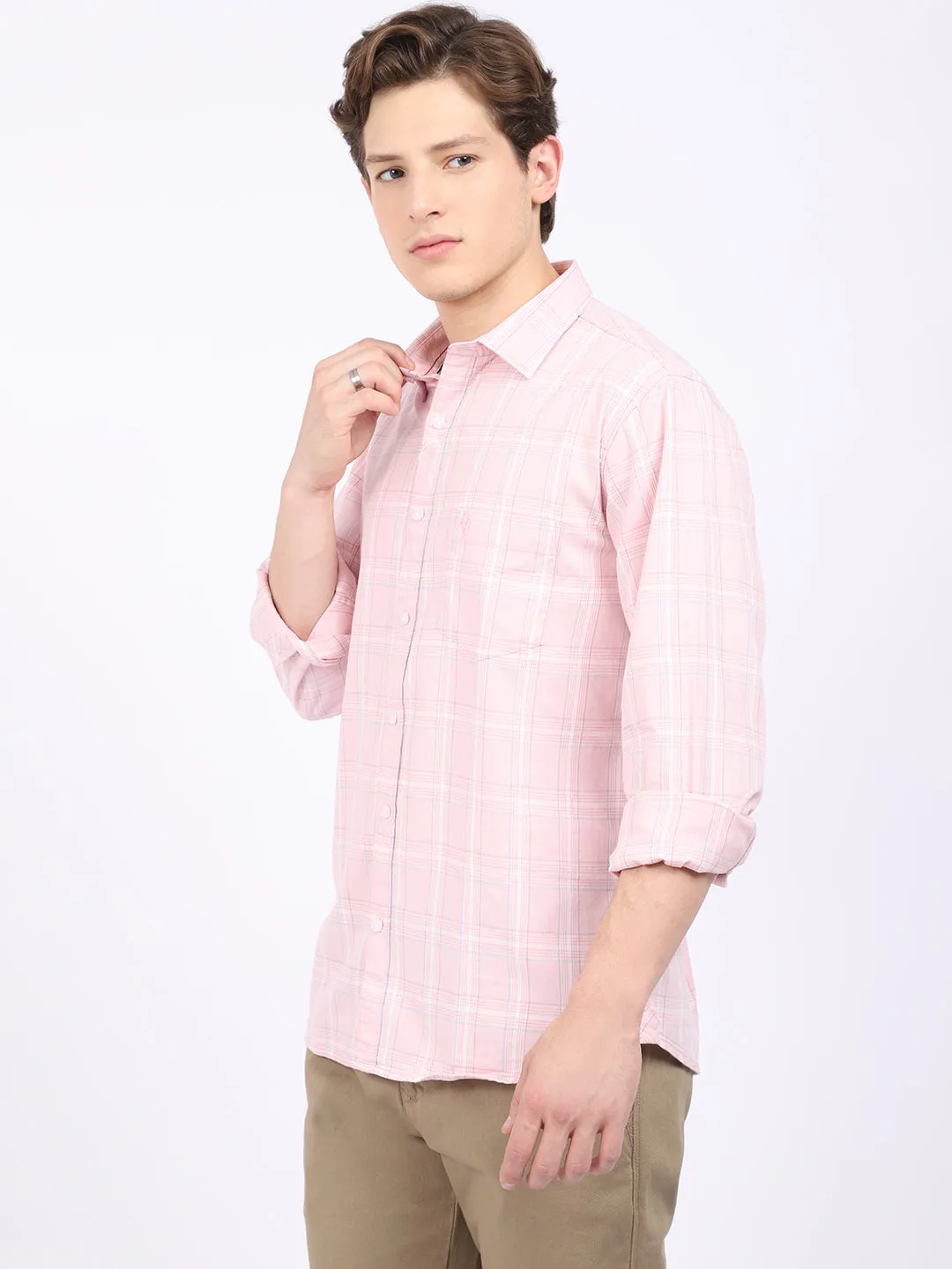 Men's Light Pink Casual Medium Checks Full Sleeve Shirt