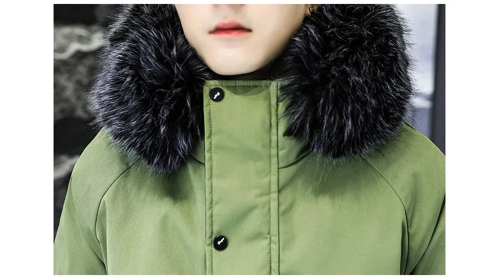 Men's Long Thermal Fur Collar Padded Parkas Jacket