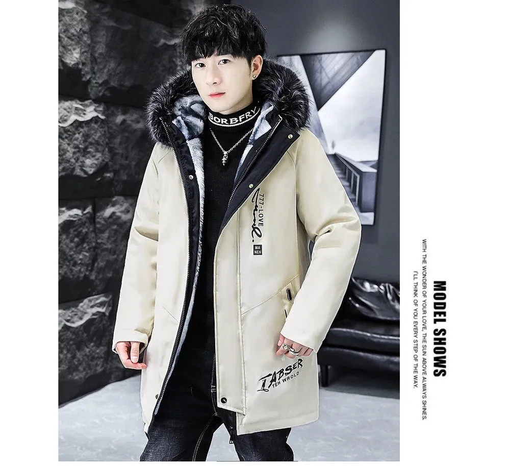 Men's Long Thermal Fur Collar Padded Parkas Jacket