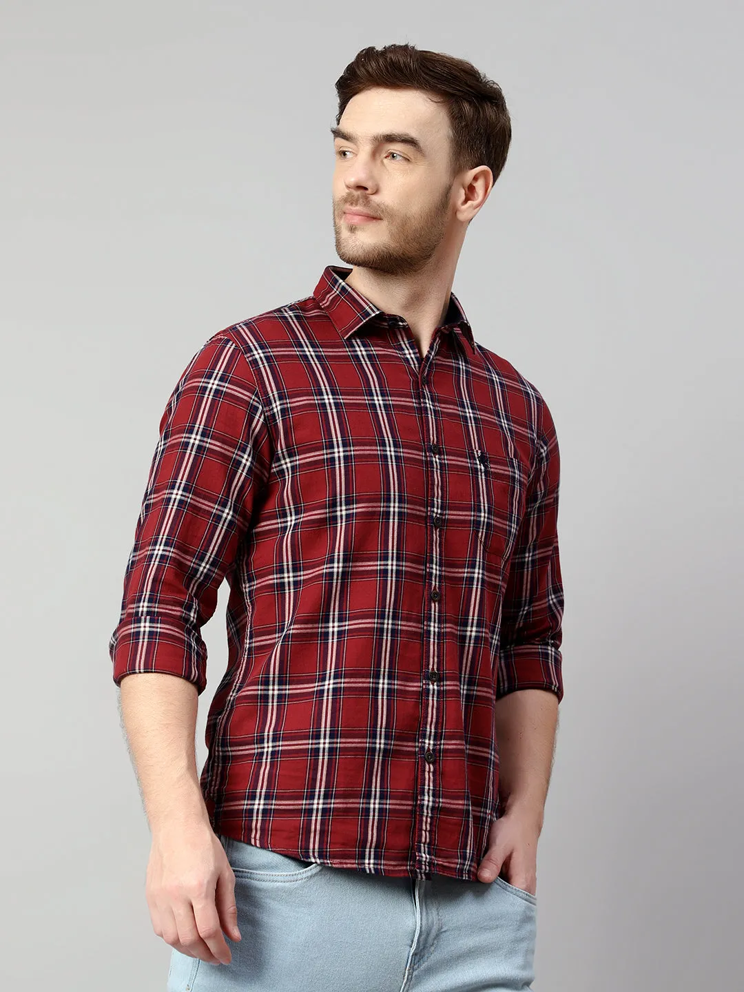 Men's Maroon Casual Big Checks Full Sleeve Shirt