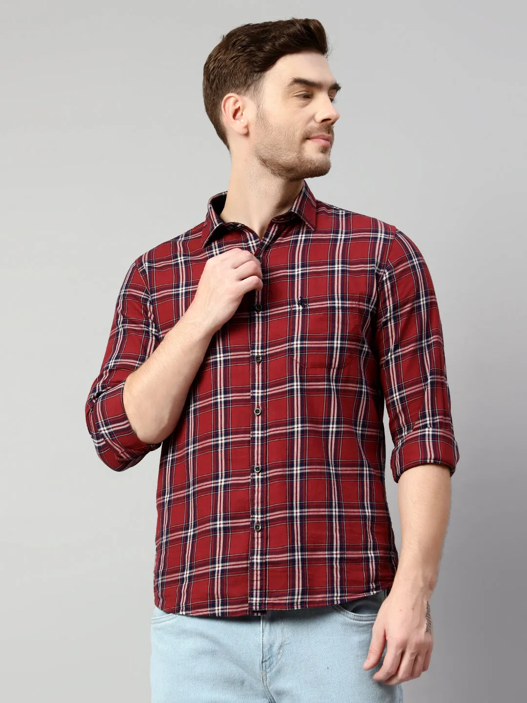 Men's Maroon Casual Big Checks Full Sleeve Shirt