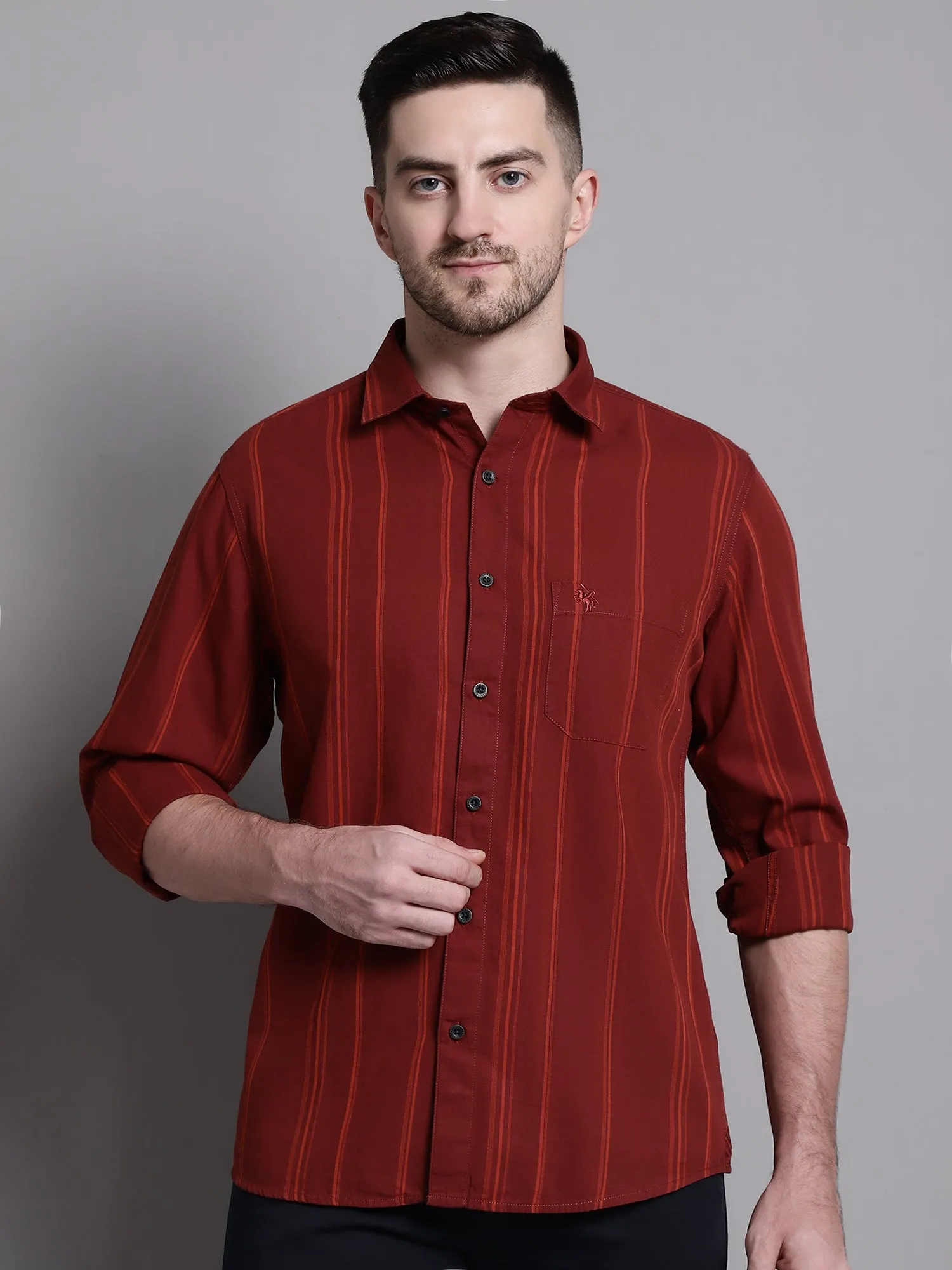 Men's Maroon Casual Broad Stripe Full Sleeve Shirt