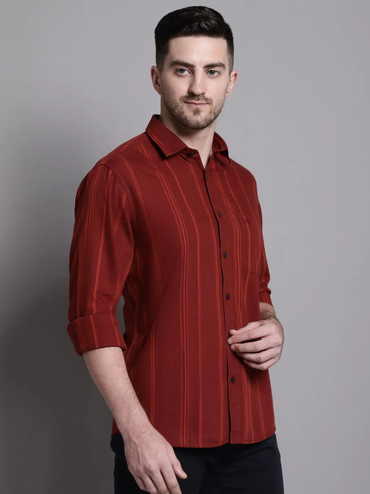 Men's Maroon Casual Broad Stripe Full Sleeve Shirt