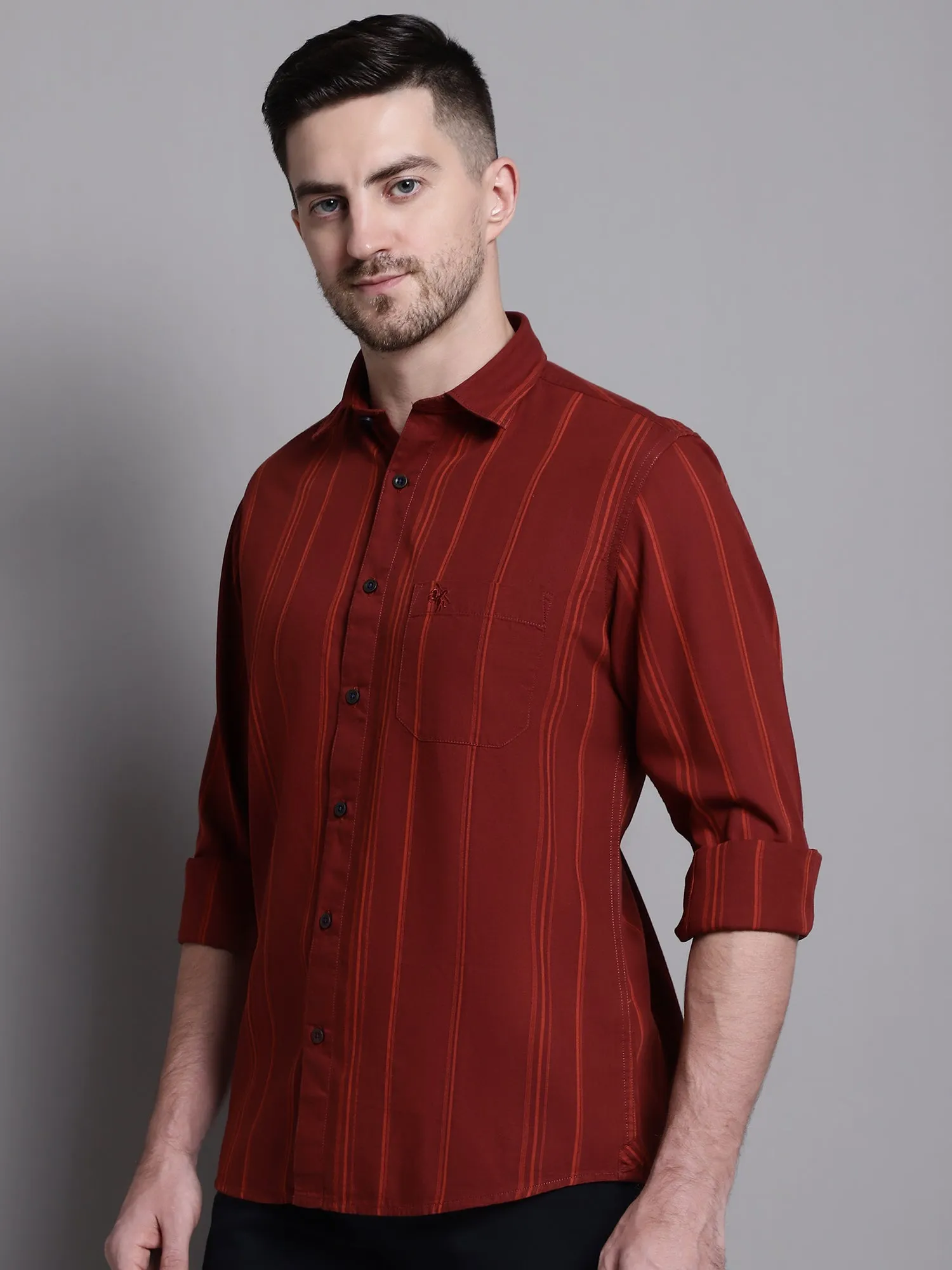 Men's Maroon Casual Broad Stripe Full Sleeve Shirt