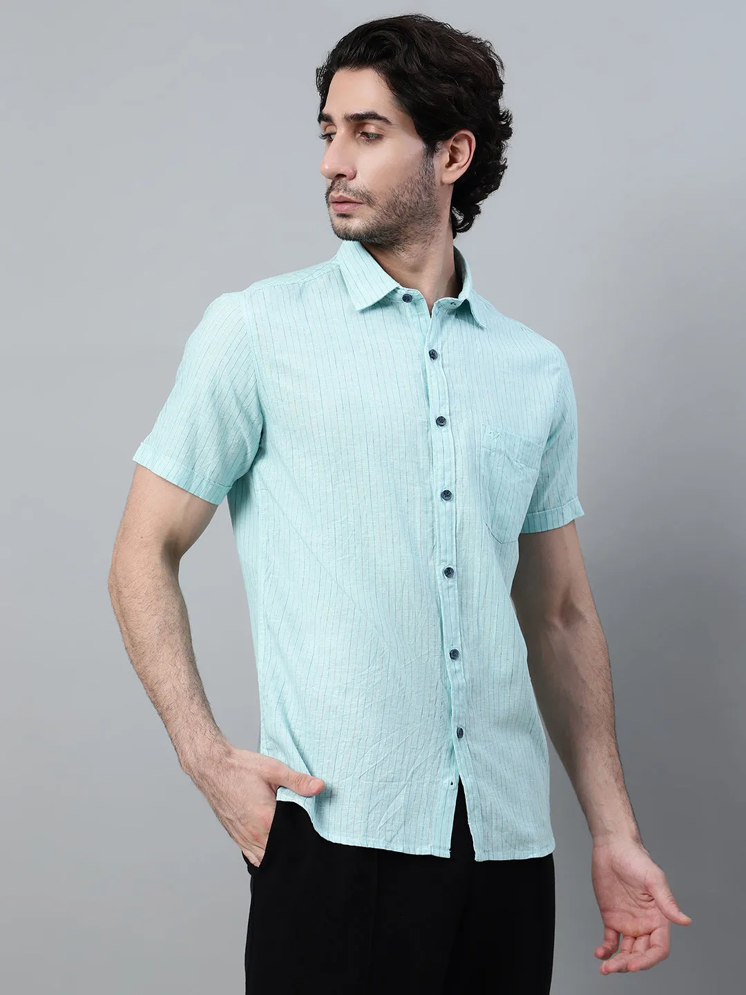 Men's Mint Green Casual Thin Stripe Half Sleeve Shirt