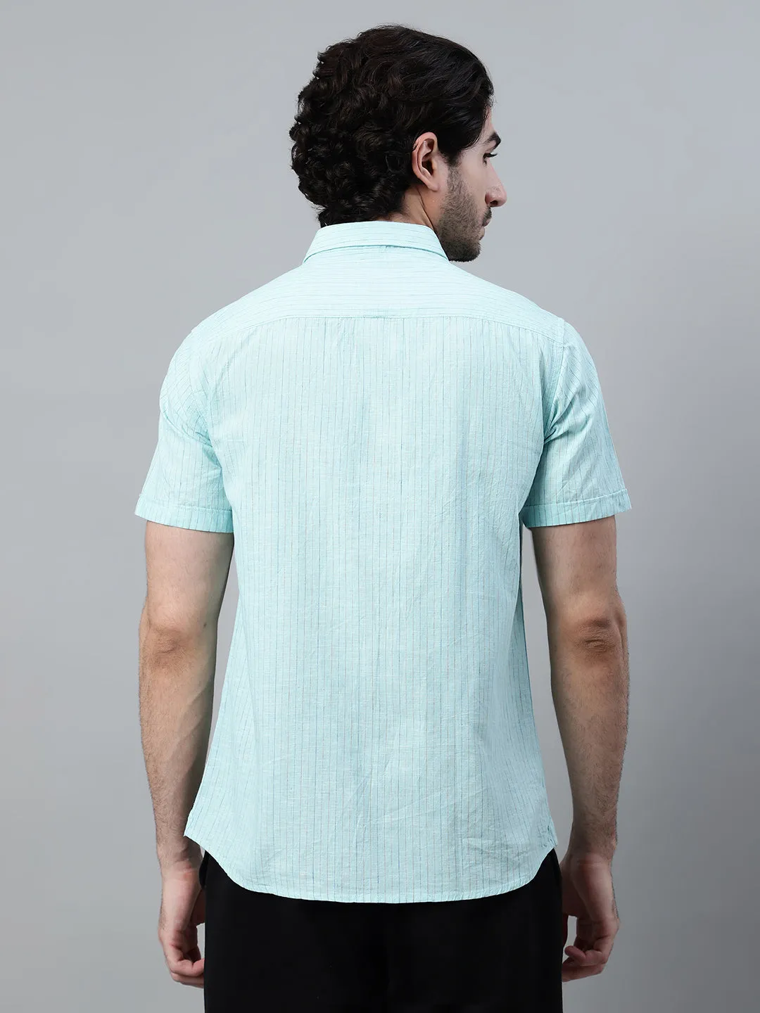 Men's Mint Green Casual Thin Stripe Half Sleeve Shirt