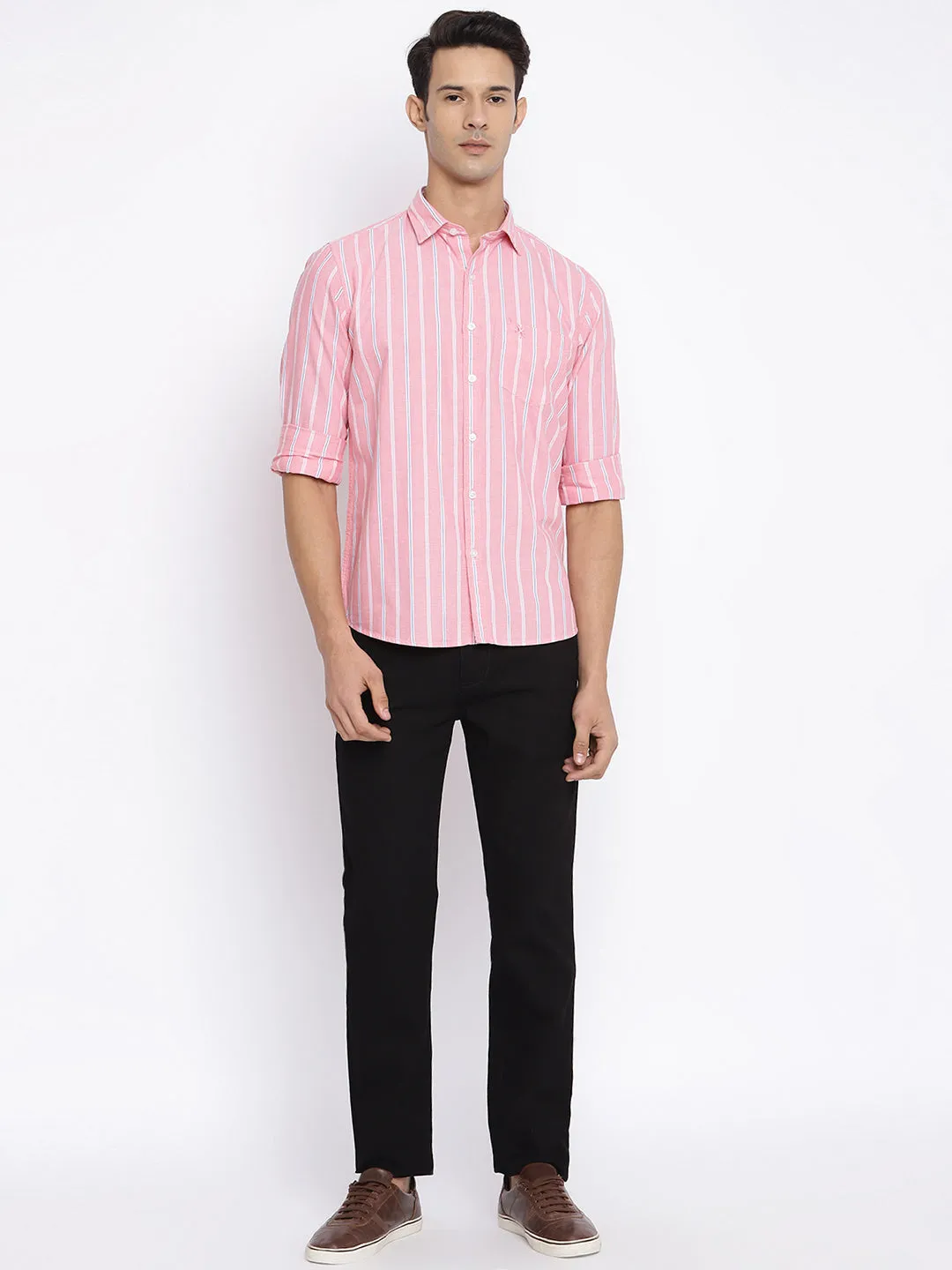 Men's Pink Casual Broad Stripe Full Sleeve Shirt