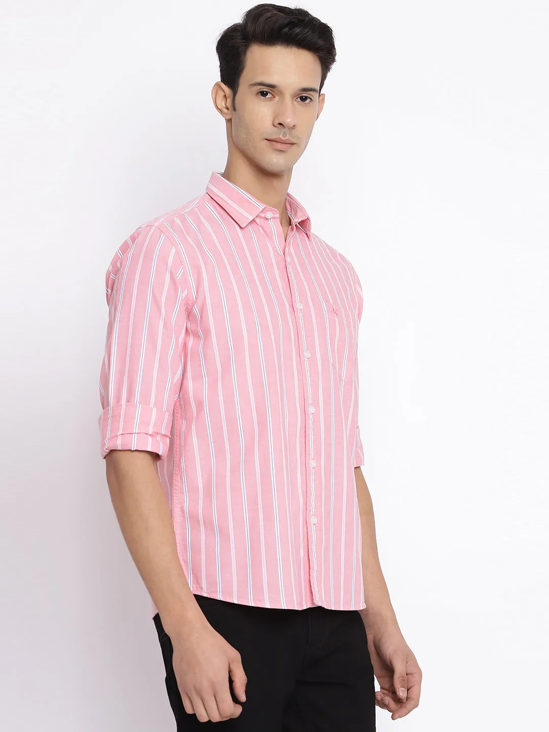 Men's Pink Casual Broad Stripe Full Sleeve Shirt