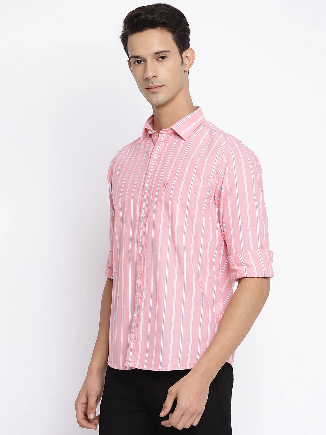 Men's Pink Casual Broad Stripe Full Sleeve Shirt