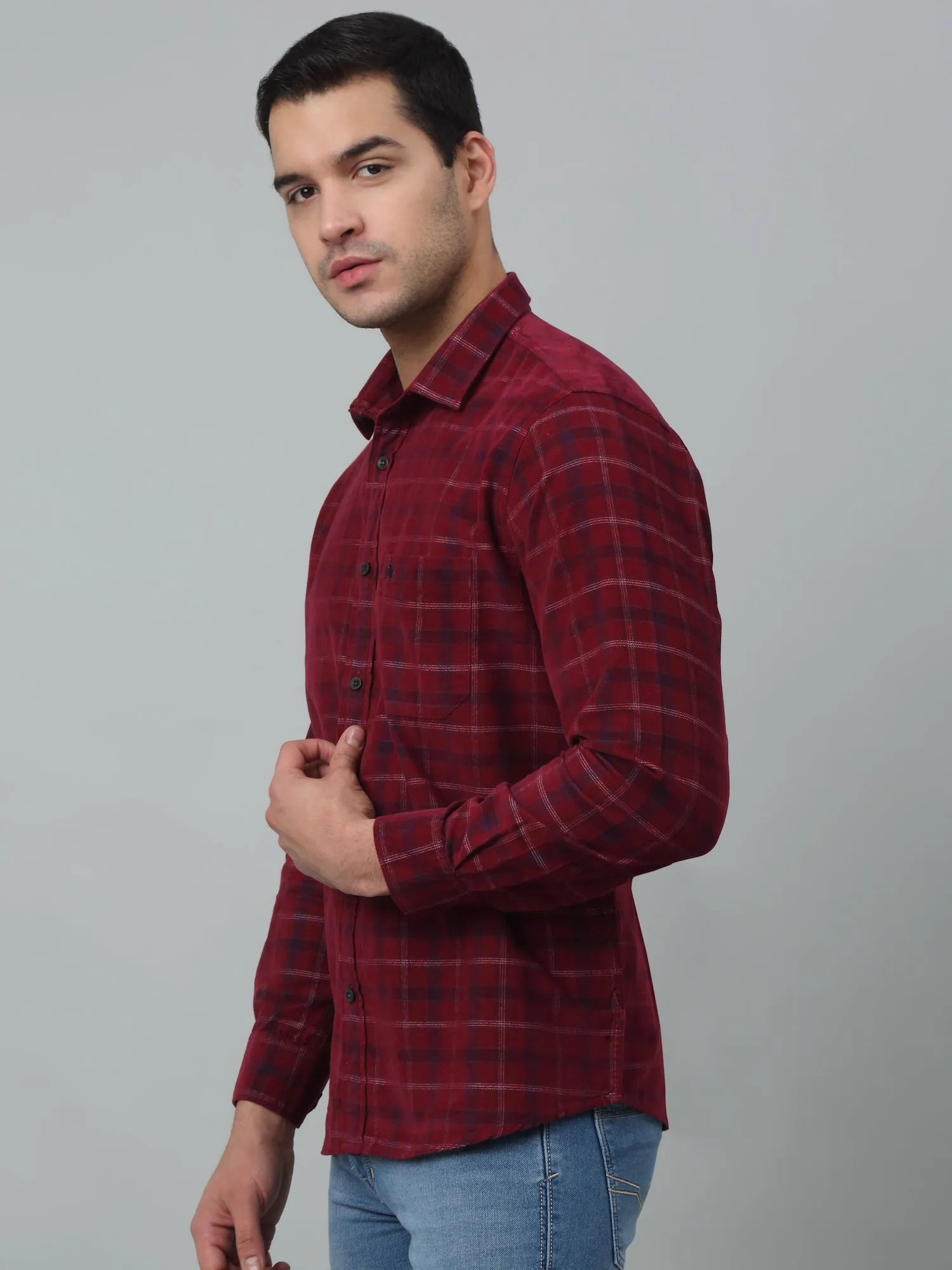 Men's Red Casual Medium Checks Corduroy Full Sleeve Shirt