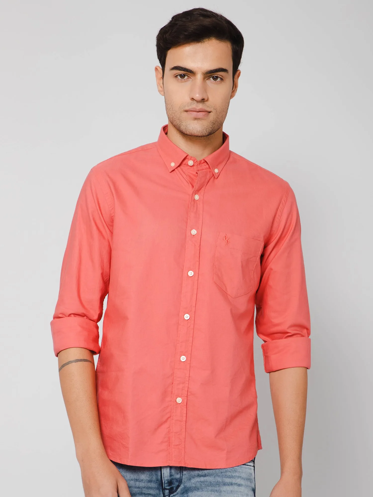 Men's Red Casual Plain Full Sleeve Shirt