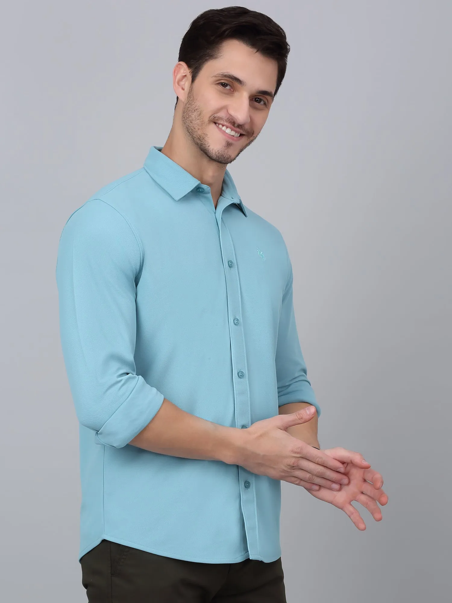 Men's Teal Blue Casual Plain Full Sleeve Shirt