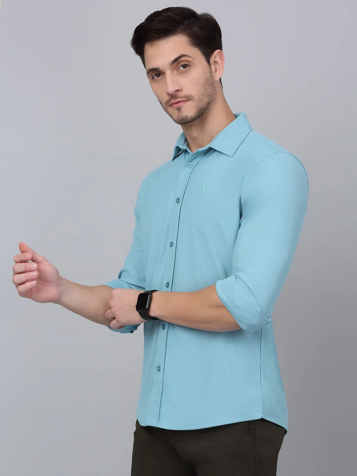 Men's Teal Blue Casual Plain Full Sleeve Shirt