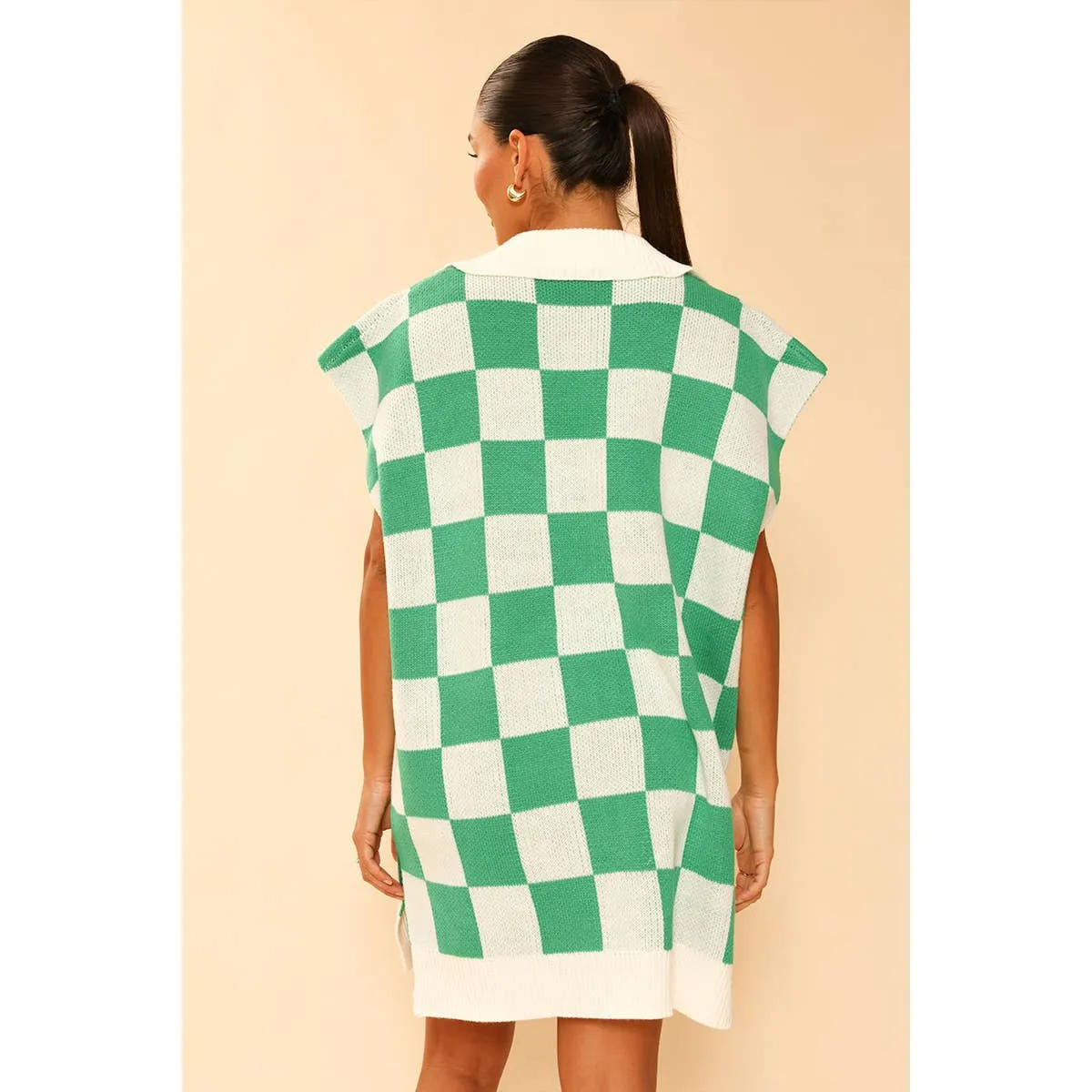 Miss Sparkling Checkered Green White Knit Poncho | Stylish Outerwear Outfit [Available in SM-XL]