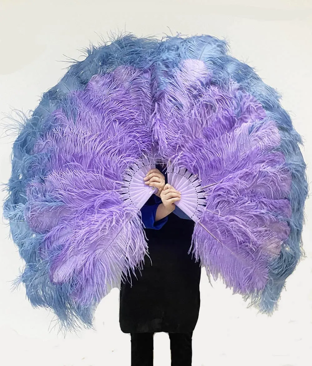 Mix baby blue & aqua violet XL 2 Layer Ostrich Feather Fan 34''x 60'' with Travel leather Bag