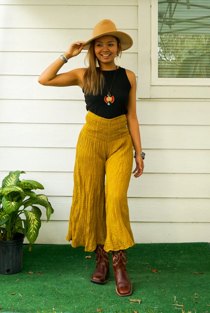 Mustard Yellow Double Gauze Wide Legs Palazzo Pants