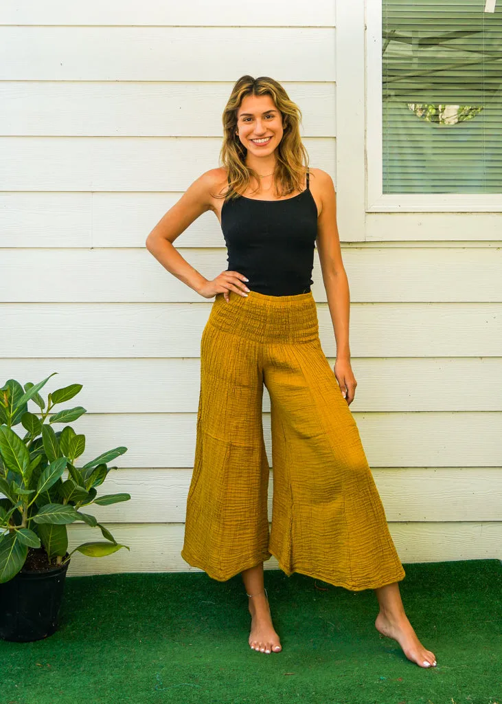 Mustard Yellow Double Gauze Wide Legs Palazzo Pants