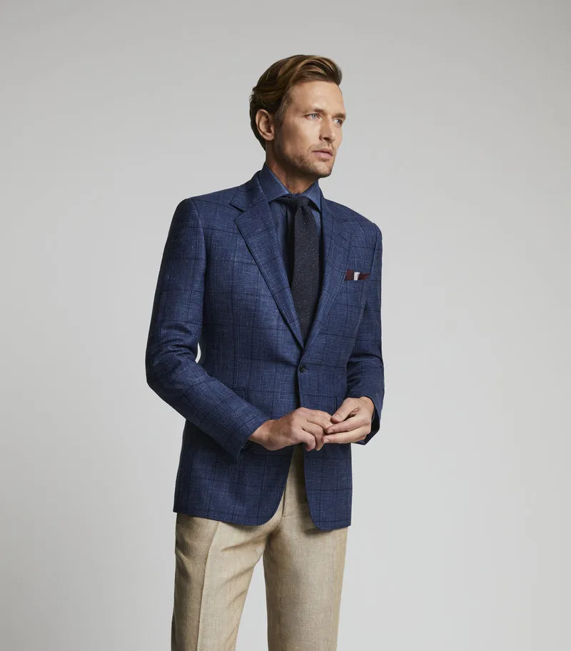 Navy Wool/Linen Single Breasted Glen Check Jacket