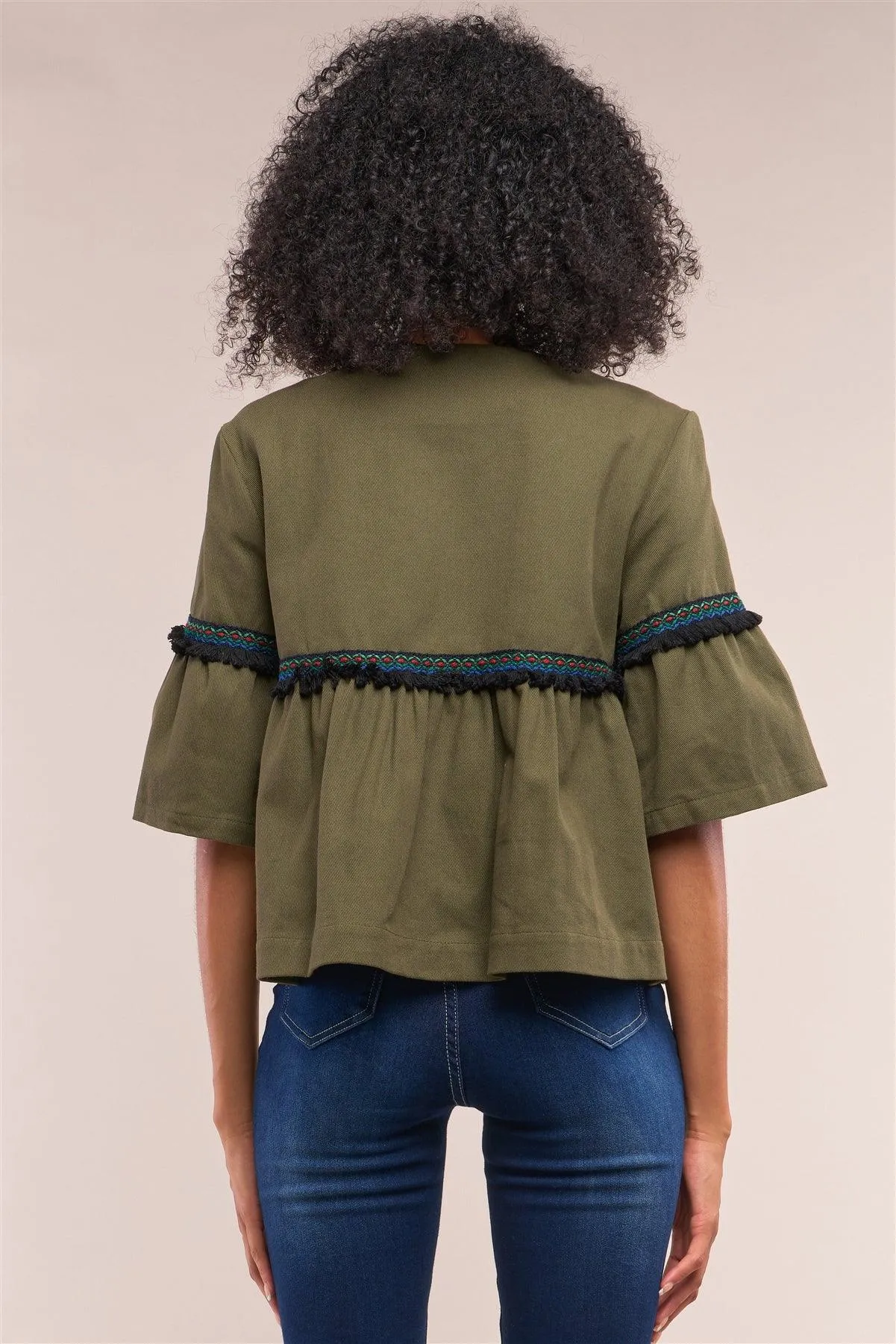 Olive Multicolor Embroidery Shredded Trim Detail Midi Bell Sleeve Crew Neck Flare Cropped Jacket /1-2-2-1