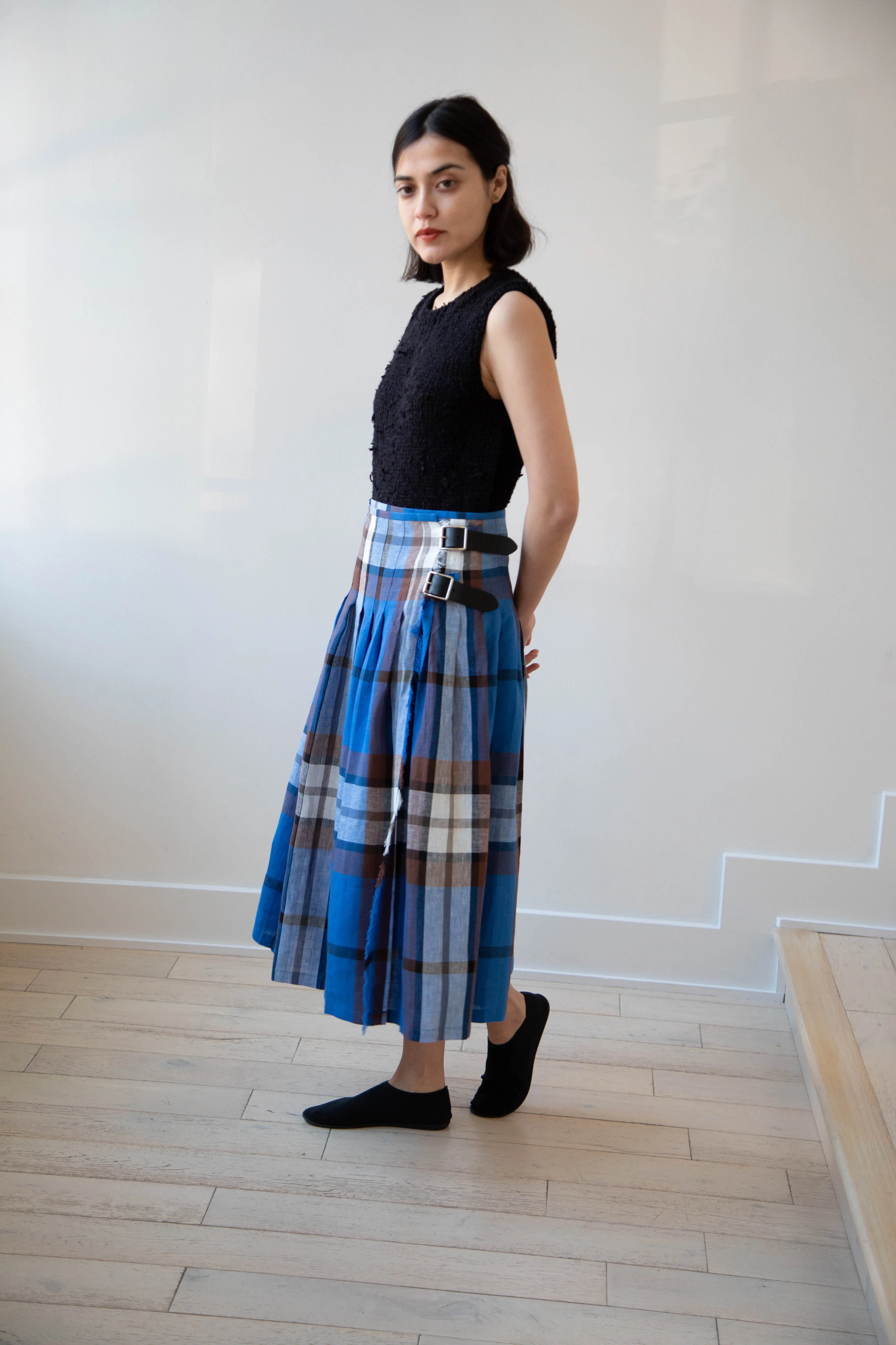 O'Neil of Dublin | Linen Pleated Skirt in Blue Check