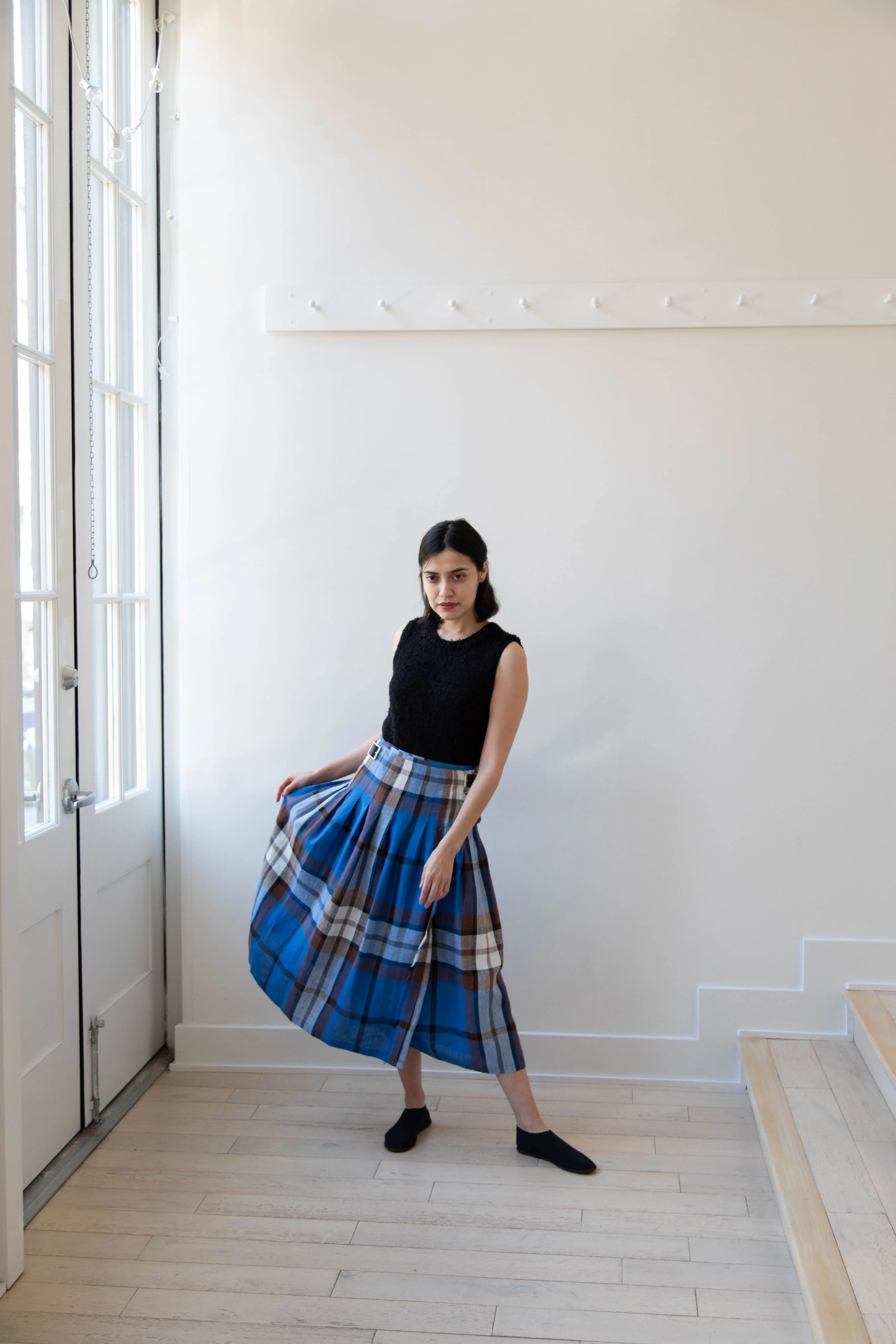 O'Neil of Dublin | Linen Pleated Skirt in Blue Check