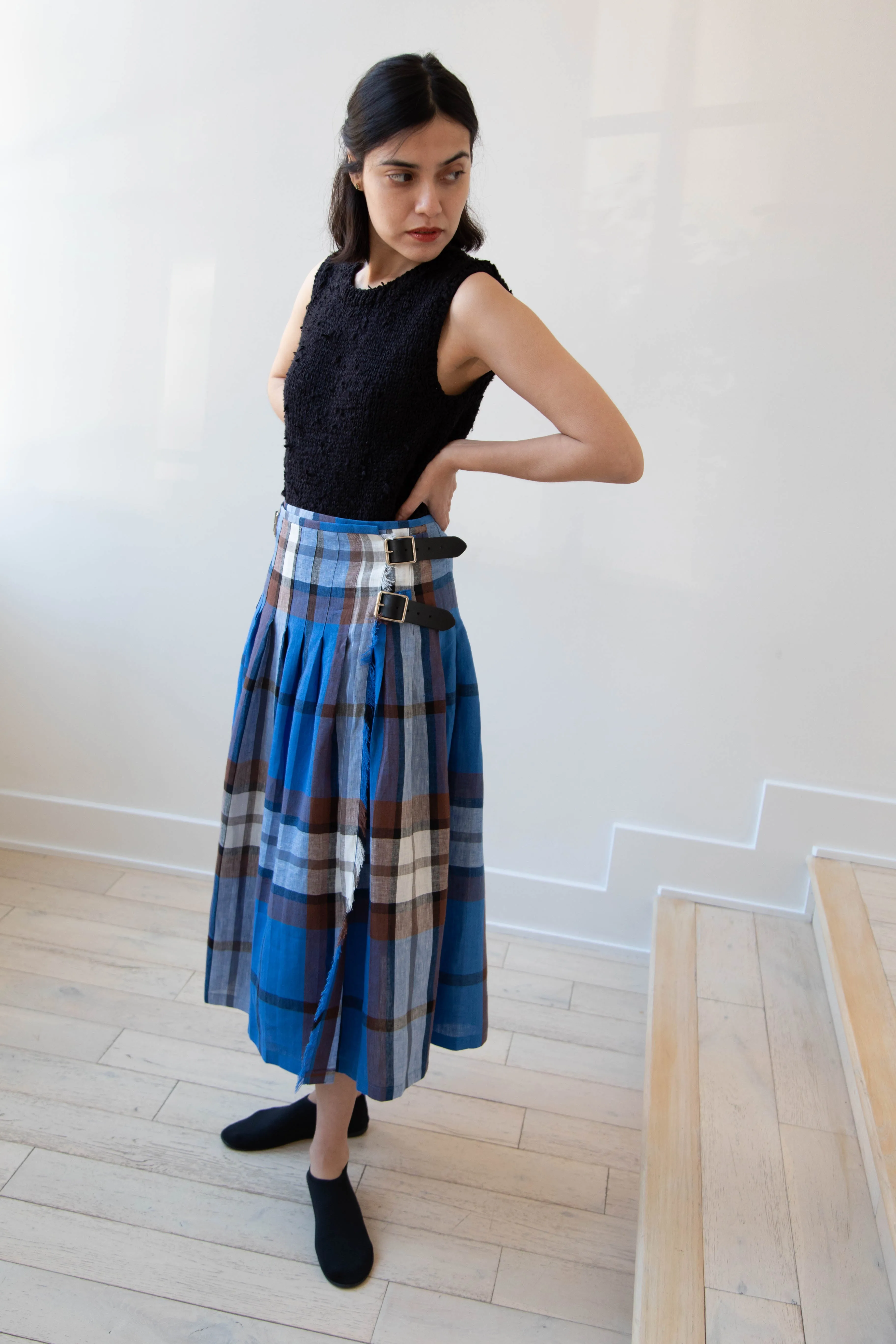 O'Neil of Dublin | Linen Pleated Skirt in Blue Check