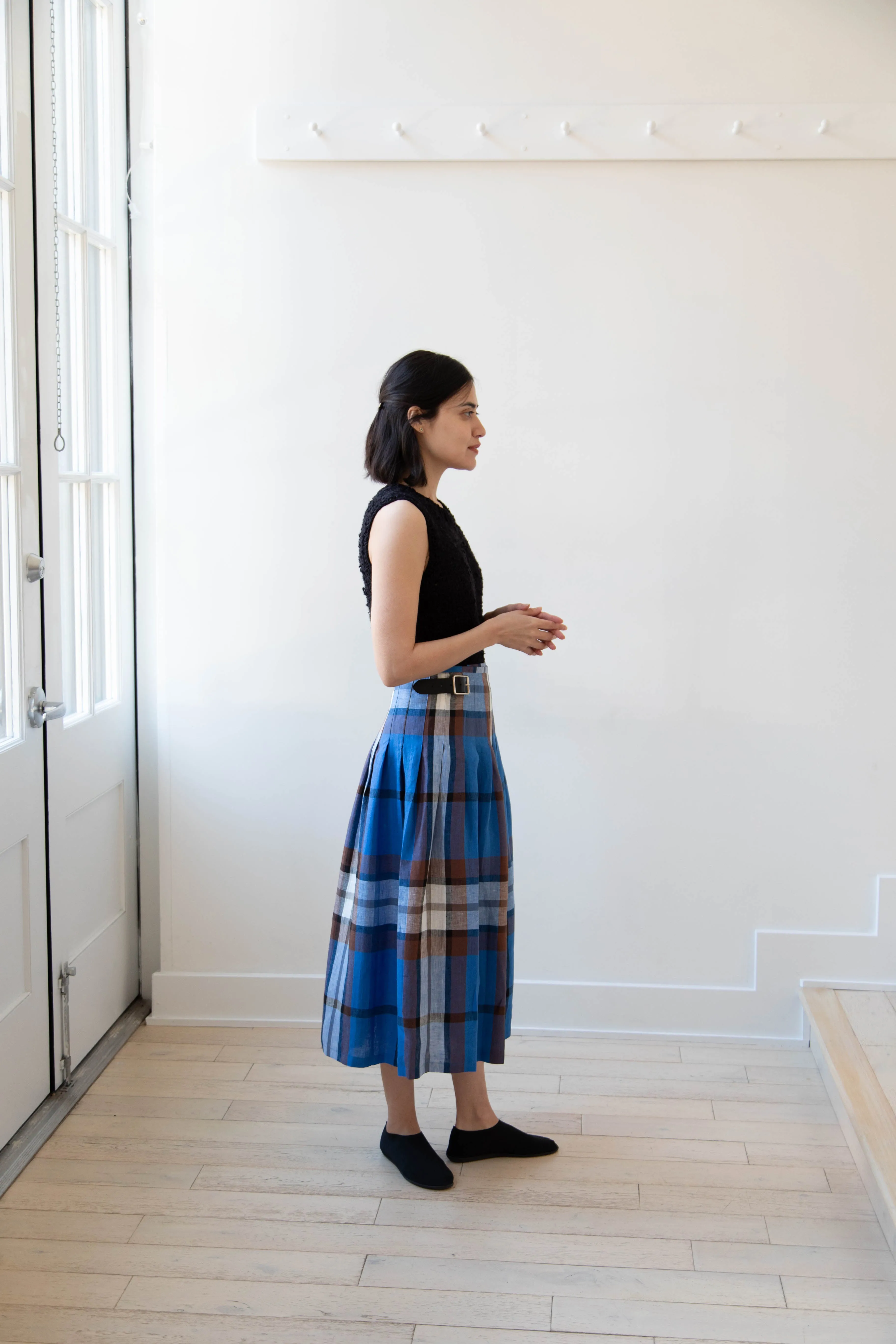 O'Neil of Dublin | Linen Pleated Skirt in Blue Check